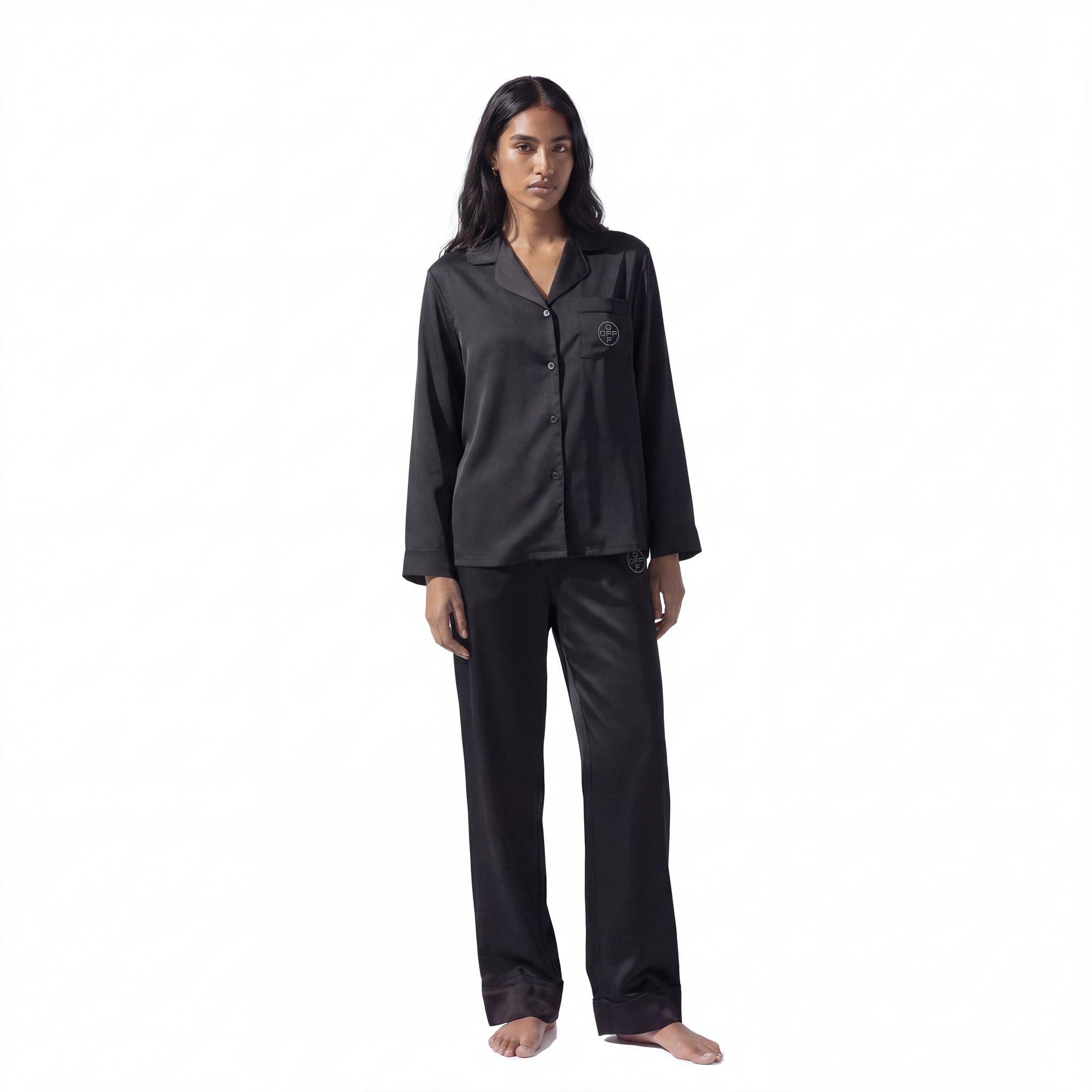 L/AB c/o Off-White Women’s Rhinestone Sateen Long Sleeve Collared Pajama Set - Black